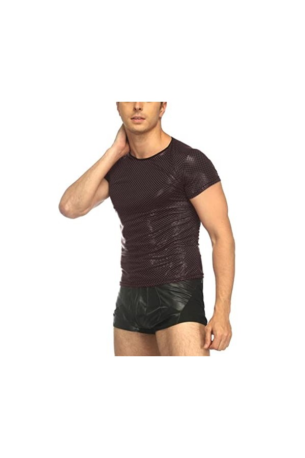 Hommes Sexy en Cuir Couleur Unie discothèque scène Performance T-Shirts Hauts Faux Cuir Plaid T-Shirt érotique Homme vêtement