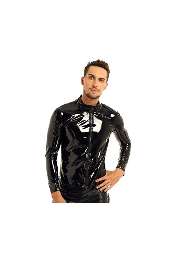 KeteNG Hommes Sexy PVC Manches Longues Fermeture Éclair Chemises Boîte De Nuit Bar DS Costume Costumes De Scène,Rouge,S