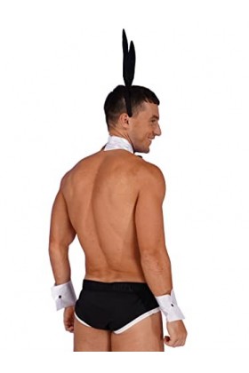 Kaerm String Homme Sexy Boxer Résille Slip Cuir sous-Vêtement Ouvert Uniforme Serveur Tuxedo Érotique Lingerie Jeu de Rôle Co