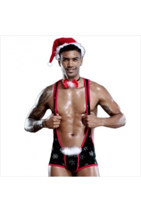 OLIns Homme Body Sexy Bodysuit Déguisement Père Noël Christmas Mankini Jeu de rôle Ensemble de Lingerie Sexy Color:Black,Siz