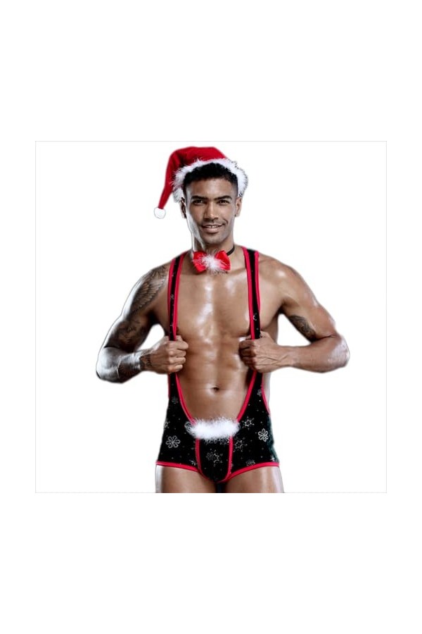 OLIns Homme Body Sexy Bodysuit Déguisement Père Noël Christmas Mankini Jeu de rôle Ensemble de Lingerie Sexy Color:Black,Siz