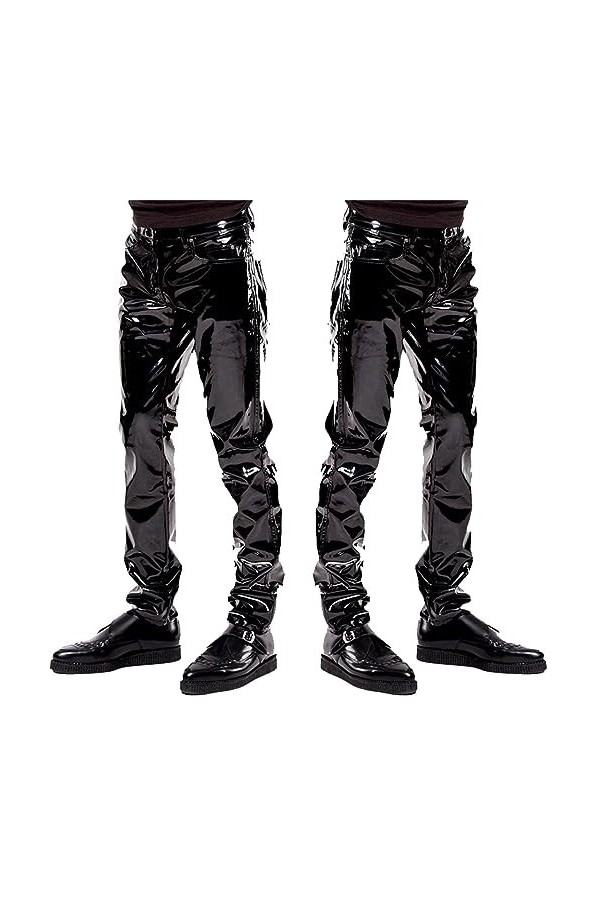 WaTsky Hommes Sexy sous-Vêtements Miroir Cuir Verni Pantalon en Cuir Boîte De Nuit Barres DS Scène Vêtements Noir,Noir,L