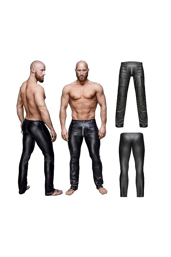 TemkIN Hommes Sexy Noir Cuir Verni Chaîne Serré Long Pantalon en Cuir Boîte De Nuit Barres DS Scène Vêtements,Noir,S