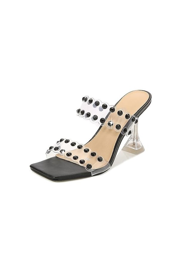 WOkismD 9CM/3.54IN Strass Sangle Talons Hauts Bout Carré Mode Cristal Stiletto Pantoufles,Noir,38 EU