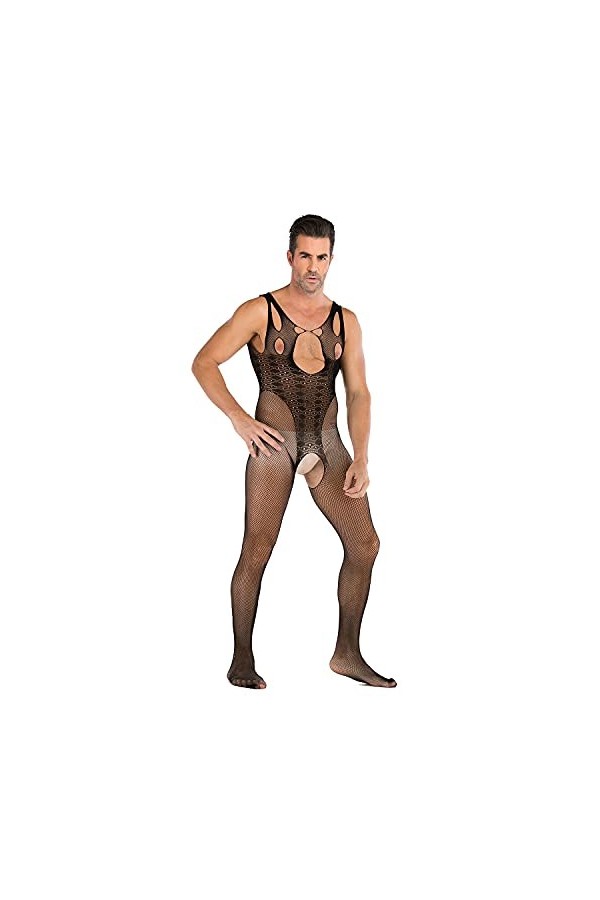 Body en Maille Fleurie en Dentelle pour Hommes sous-vêtements Sexy Cross Sissy Justaucorps Résille See Through Mesh Wrestling