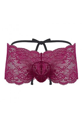 SDGTMYJSY Homme Slip Sportif Tanga Thong Culotte Érotique Sissy Lingerie pour Hommes Voir À Travers Les Lacets Floraux Taille