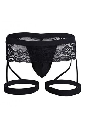 Générique Hommes Dentelle Trois - Culottes Sexy Transparent Boxer Brief Pouch Lingerie Garter Sissy Crossdress Pantalons Rou