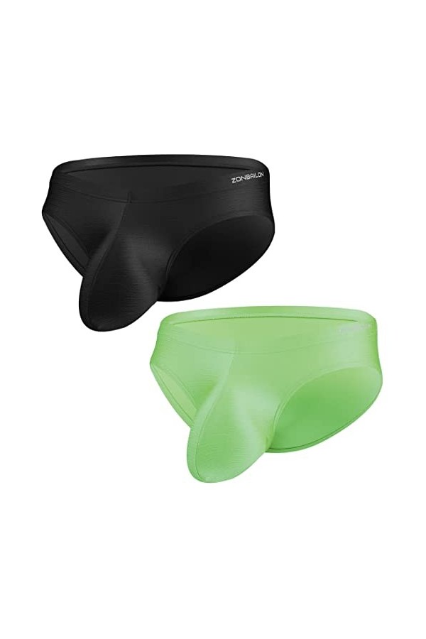 ZUOLAIYIN Sous-vêtements sexy pour homme - En soie glacée - Taille basse, Lot de 2 - Noir/vert, XL