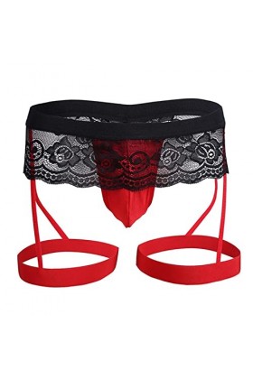 Générique Hommes Dentelle Trois - Culottes Sexy Transparent Boxer Brief Pouch Lingerie Garter Sissy Crossdress Pantalons Rou