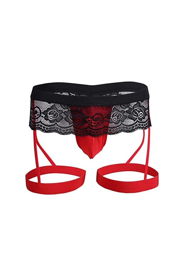 Générique Hommes Dentelle Trois - Culottes Sexy Transparent Boxer Brief Pouch Lingerie Garter Sissy Crossdress Pantalons Rou