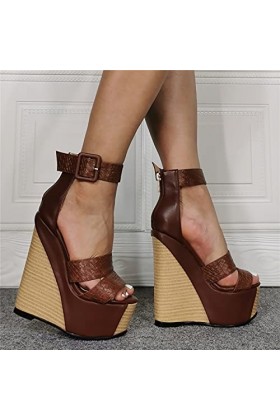 EDWRD Talon Aiguille Talons Hauts Sexy 47 Sandales Compensées à Grain de Bois 15 Cm sur Mesure,Brown-44