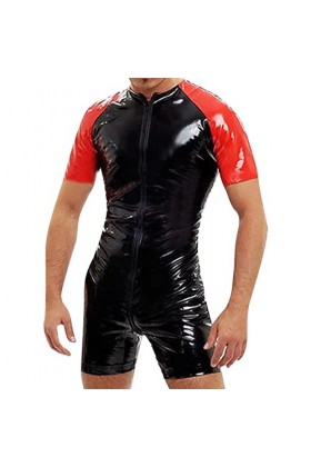 Gefomuofe Combinaison pour homme en latex effet mouillé manteau à manches courtes sexy noir avec policier rouge couleur unise