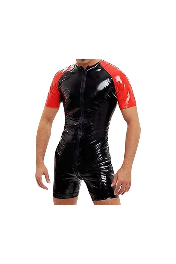 Gefomuofe Combinaison pour homme en latex effet mouillé manteau à manches courtes sexy noir avec policier rouge couleur unise