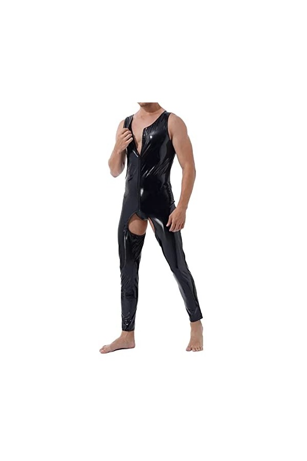 Gefomuofe Combinaison pour homme en latex effet mouillé manteau à manches courtes sexy noir avec policier rouge couleur unise
