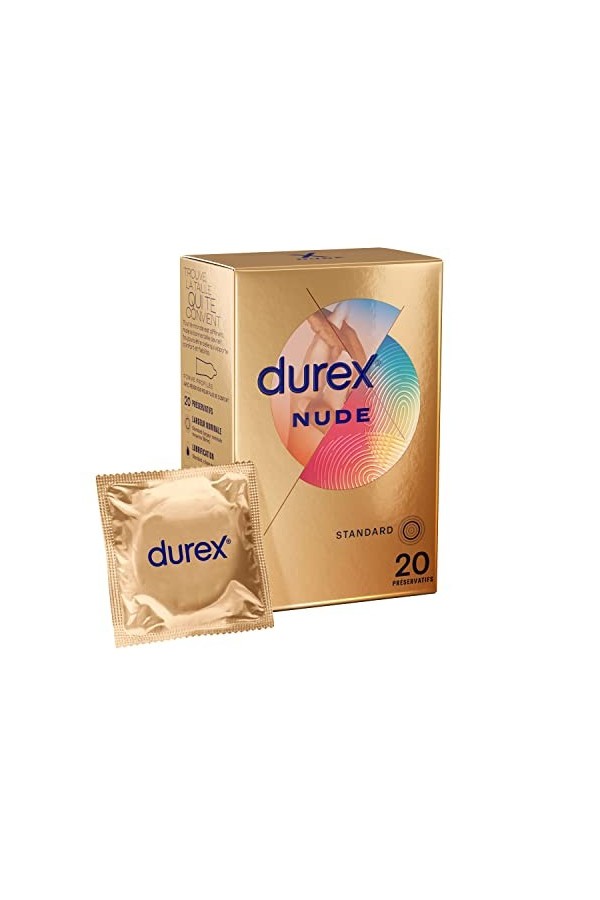 Durex NUDE - 20 Préservatifs pour Homme - Ultra Fins - Sensation Peau Contre Peau