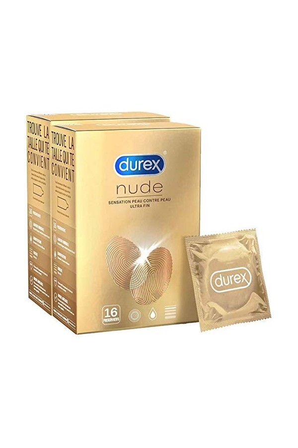 Durex NUDE - 20 Préservatifs pour Homme - Ultra Fins - Sensation Peau Contre Peau