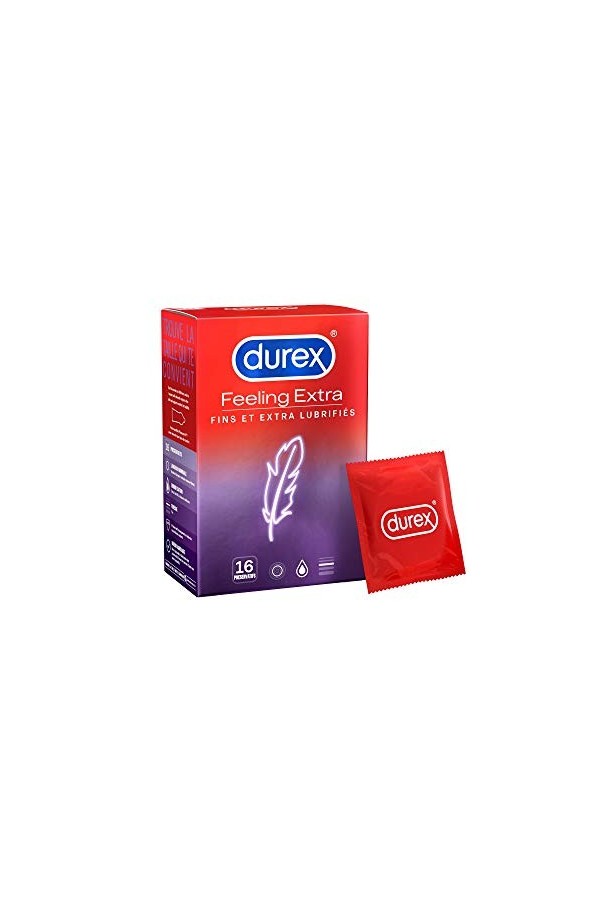 Durex FEELING EXTRA - 16 Préservatifs Homme Fins et Extra Lubrifiés