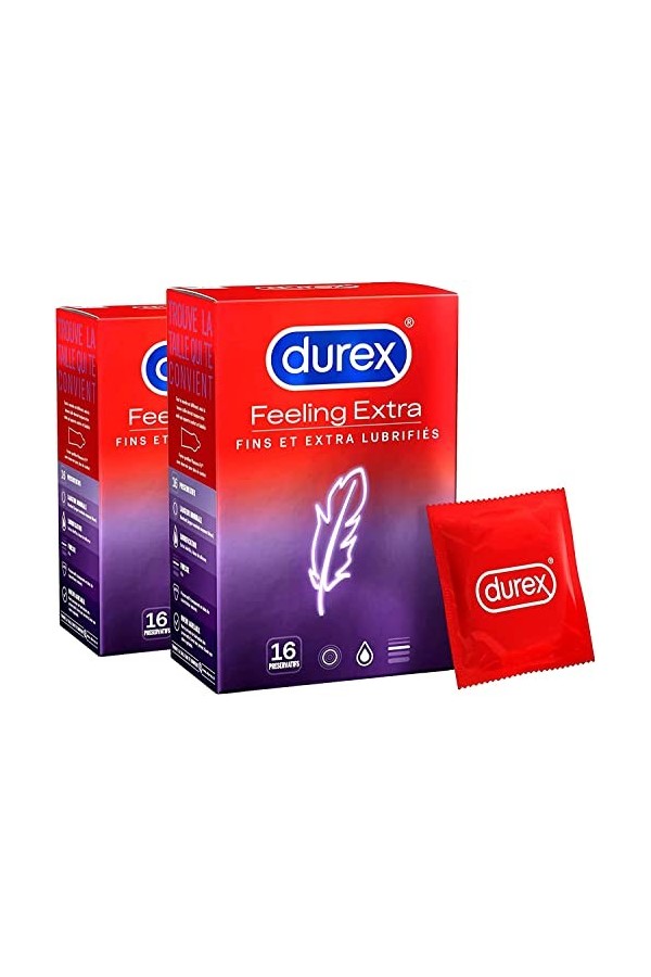 Durex FEELING EXTRA - 16 Préservatifs Homme Fins et Extra Lubrifiés
