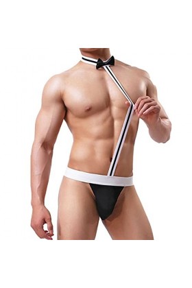 DURINM String Borat Mankini pour Homme Hommes Sexy Collared Bow Tie Bodysuit Thong Butler Teddy Costume sous-vêtements Le No