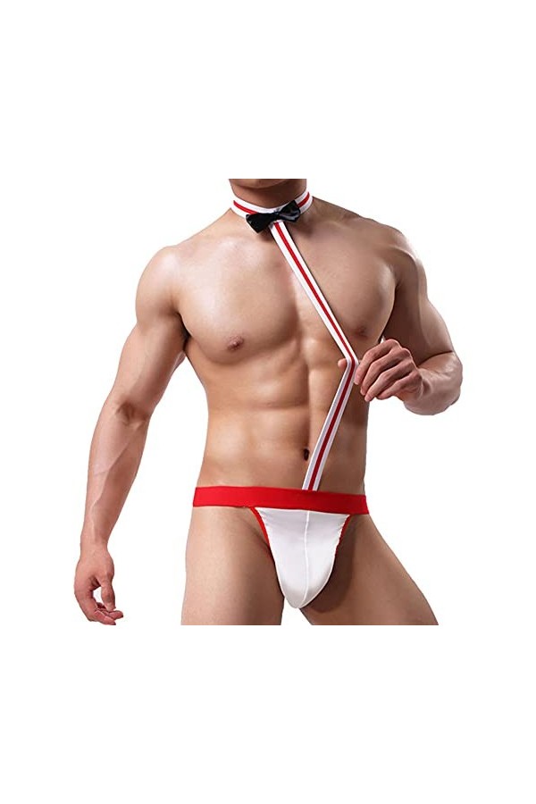 DURINM String Borat Mankini pour Homme Hommes Sexy Collared Bow Tie Bodysuit Thong Butler Teddy Costume sous-vêtements Le No