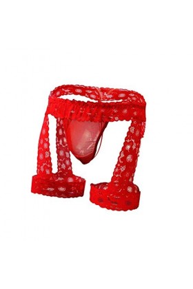Creamlin String Sexy en Dentelle pour Hommes Bikini Sissy Slip Lingerie ,Taille unique,Rouge