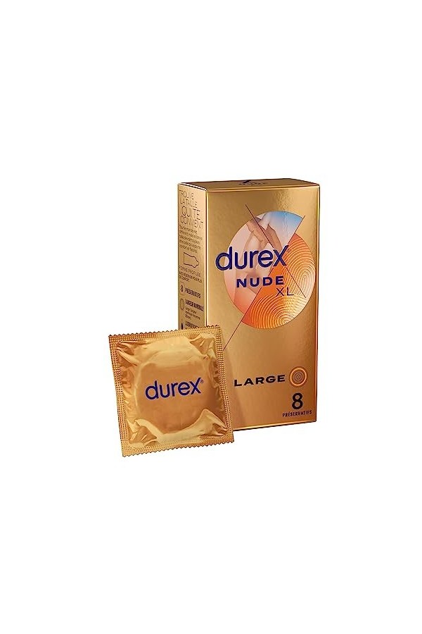 Durex NUDE XL - 8 Préservatifs Homme Fins et Extra Larges Conçus pour des Sensations Maximales
