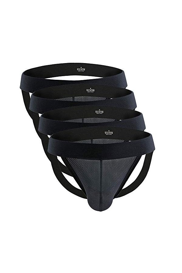 Billtop Homme Suspensoir Jockstrap Thongs Athletic Supporter Briefs Sexy Strings sous-vêtements Briefs,Lot de 4 Noir,XL