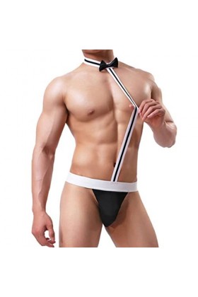 Strings Sexy pour Homme Slip Tanga Thong Lingerie Masculine Collar Bow Tie Bodysuit Thong Butler Teddy Costume sous-vêtements