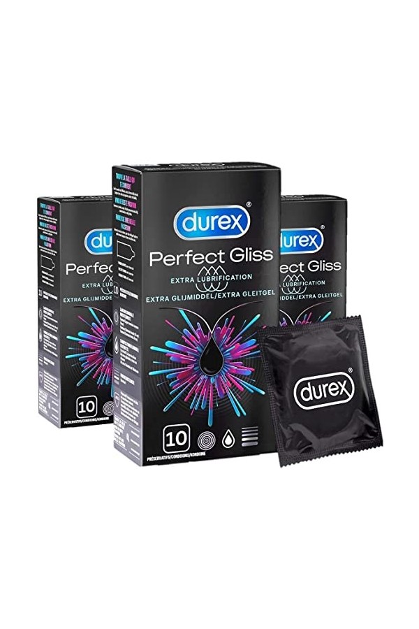 Durex PERFECT GLISS - 30 Préservatifs Extra Lubrifiés Silicone - Lot de 3 x 10 unités