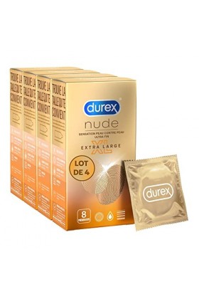 Durex NUDE XL - 32 Préservatifs Homme Fins et Extra Larges Conçus pour des Sensations Maximales - Lot de 4 x 8 pièces