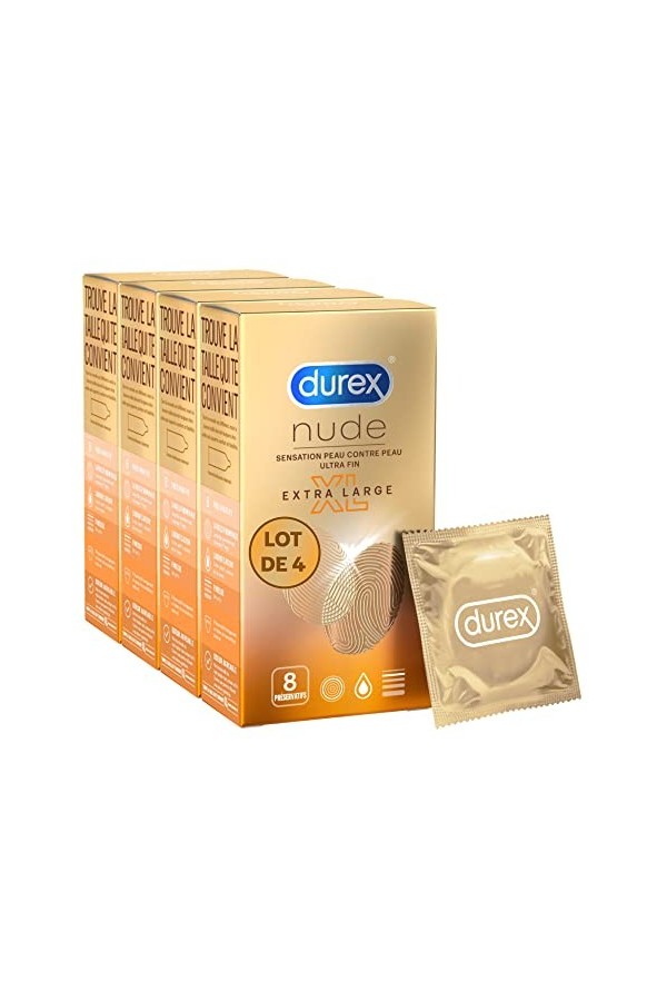 Durex NUDE XL - 32 Préservatifs Homme Fins et Extra Larges Conçus pour des Sensations Maximales - Lot de 4 x 8 pièces