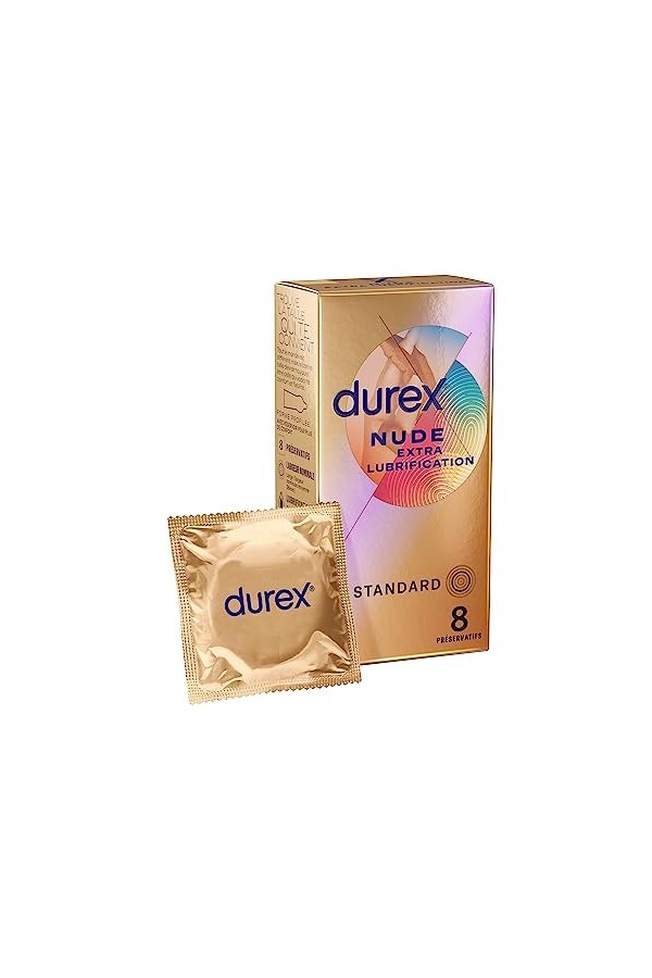 Durex NUDE EXTRA LUBRIFICATION - 8 Préservatifs pour Homme - Ultra Fins et Extra Lubrifiés - Sensation Peau Contre Peau