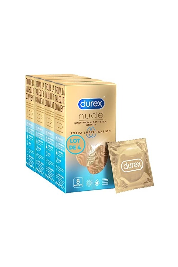 Durex NUDE EXTRA LUBRIFICATION - 8 Préservatifs pour Homme - Ultra Fins et Extra Lubrifiés - Sensation Peau Contre Peau