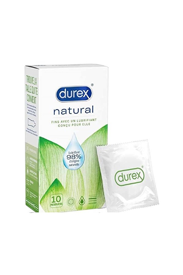 Durex NATURAL - 10 Préservatifs Fins et Lubrifiés à base deau