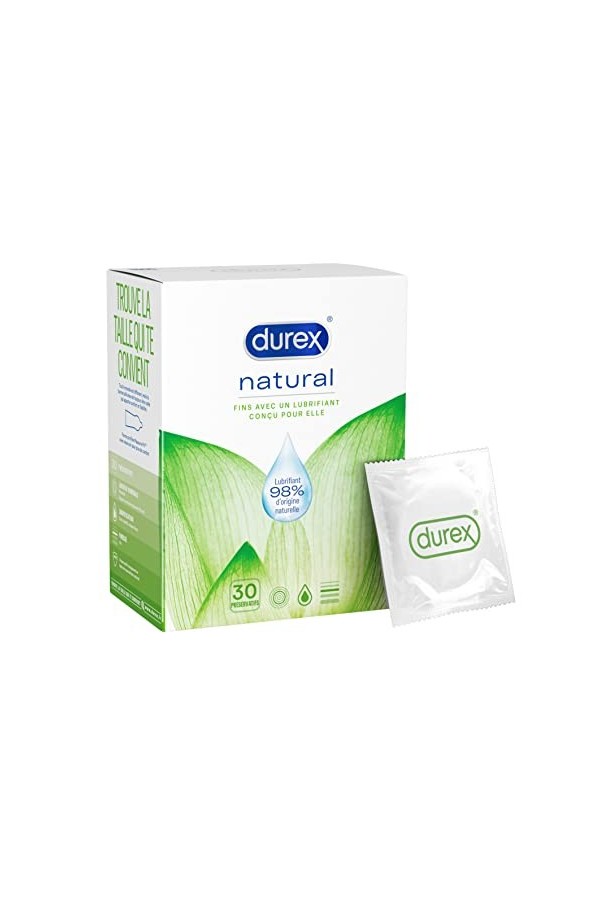 Durex NATURAL - 10 Préservatifs Fins et Lubrifiés à base deau
