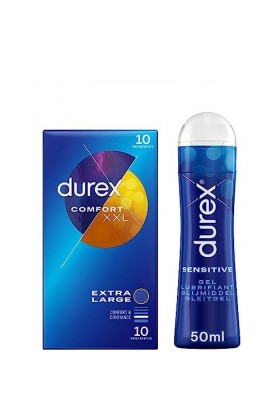 Durex - Lot de Préservatifs et Lubrifiant - 1 Boîte de Préservatifs Confort XXL x10 - Gel Lubrifiant Sensitive 50ml Comfort 