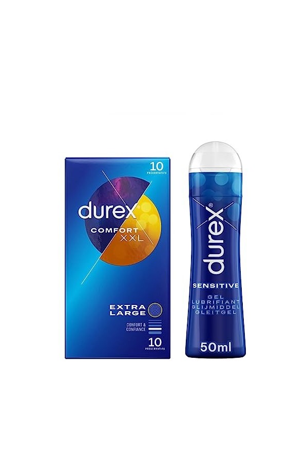 Durex - Lot de Préservatifs et Lubrifiant - 1 Boîte de Préservatifs Confort XXL x10 - Gel Lubrifiant Sensitive 50ml Comfort