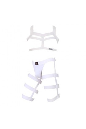 Hommes élastique Harnais Sexy Sangle Harnais Ceinture Body Tops Haut et Short String Lingeries Ensembles Gay Pyjama Color:Whi