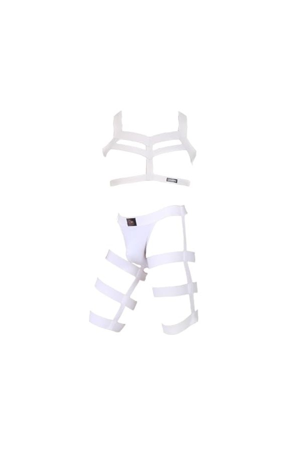 Hommes élastique Harnais Sexy Sangle Harnais Ceinture Body Tops Haut et Short String Lingeries Ensembles Gay Pyjama Color:Whi