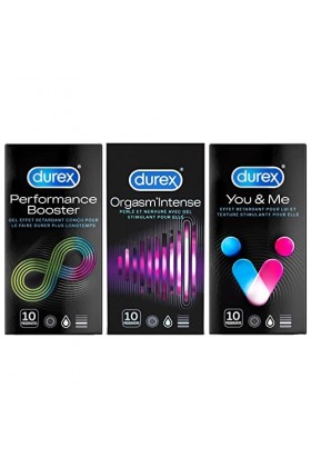 DUREX – Coffret Plaisir - 3 Boîtes de Préservatifs - Retardant x10 - Stimulant x10 - You & Me x10