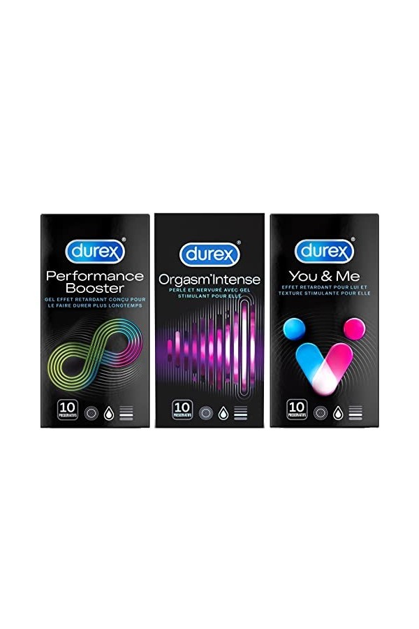 DUREX – Coffret Plaisir - 3 Boîtes de Préservatifs - Retardant x10 - Stimulant x10 - You & Me x10