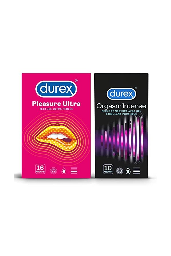 DUREX - Lot de 2 boîtes de Préservatifs - Pleasure Ultra x16 et OrgasmIntense x10