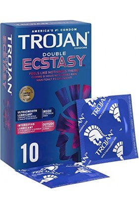 Trojan Double Ecstasy, Préservatifs Doublement Lubrifiés et Ultra Nervurés, Latex Haute Qualité - Boîte de 10