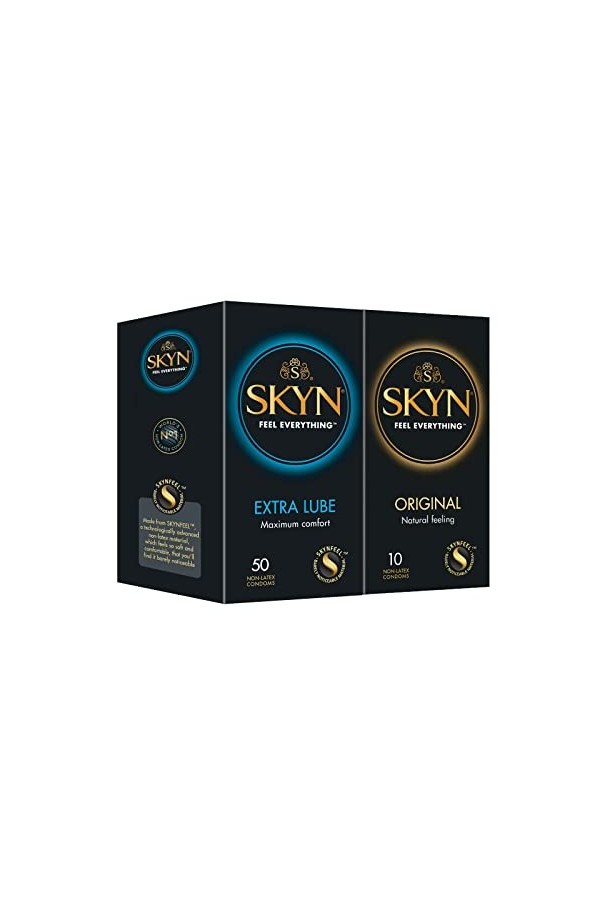 SKYN Lot de 60 Préservatifs : 50x Extra Lube Extra Lubrifiés + 10x Original Classique | Pour Homme | Ultra-Fins et Ultra-
