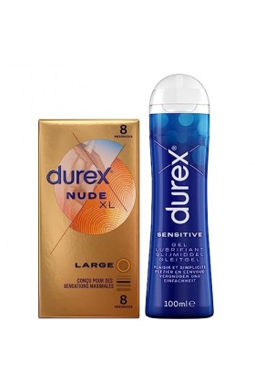 Durex - Lot de Préservatifs et Lubrifiant - Boîte de Préservatifs Nude XL x8 - Gel Lubrifiant Sensitive 50ml