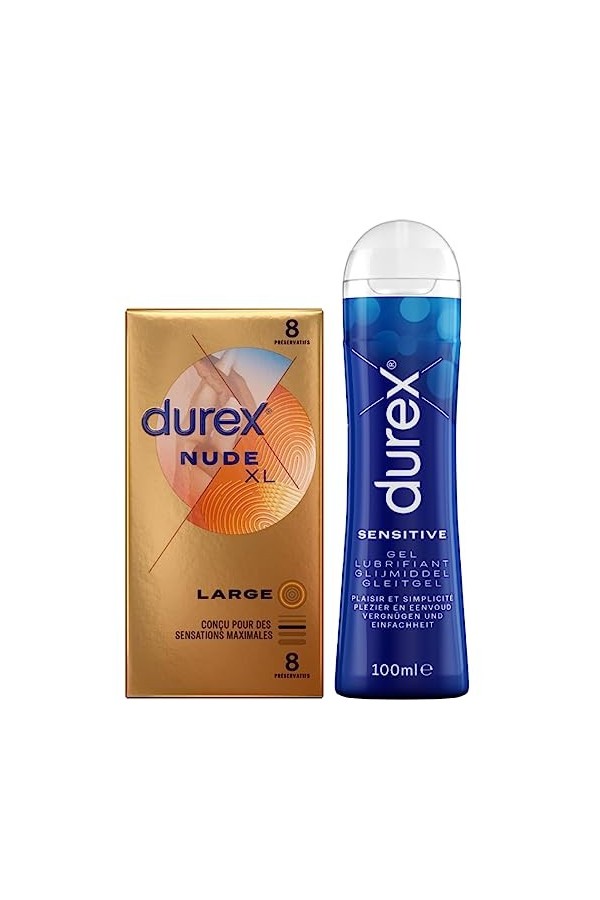 Durex - Lot de Préservatifs et Lubrifiant - Boîte de Préservatifs Nude XL x8 - Gel Lubrifiant Sensitive 50ml