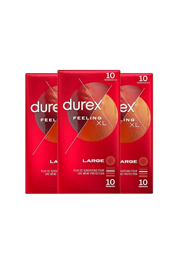 Durex FEELING XL - 10 Préservatifs Fins et Extra Large pour Homme 30 Préservatifs 