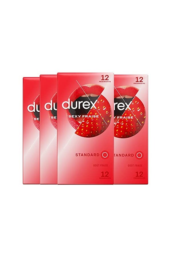 Durex - Lot de 48 Préservatifs Sexy Fraise - Extra Lubrifié Saveur Fraise