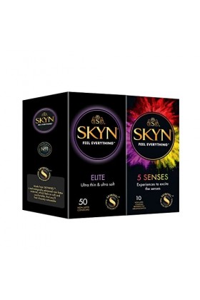 SKYN Lot de 60 Préservatifs: 50x Elite Ultra-Fins + 10x 5 Senses Multi-Sensations:Ultra-fin, perlé, saveur cocktail, cha