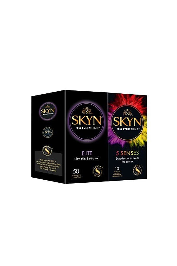 SKYN Lot de 60 Préservatifs: 50x Elite Ultra-Fins + 10x 5 Senses Multi-Sensations:Ultra-fin, perlé, saveur cocktail, cha